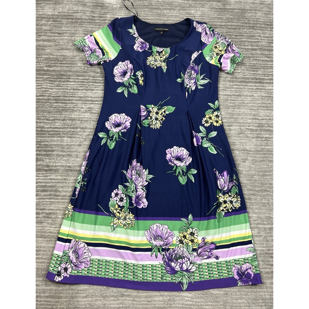 Chris Mclaughlin Dress Womens 10 Blue Floral Short Sleeve Sheath Polyester Blend